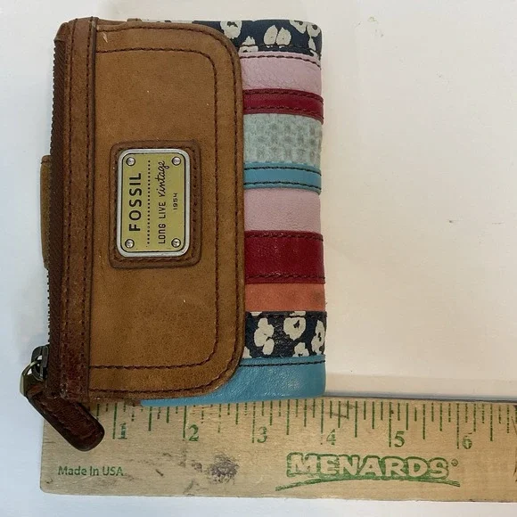 Vintage Fossil Mini Card Holder Coin Wallet Patchwork Brown Leather - Picture 5 of 13